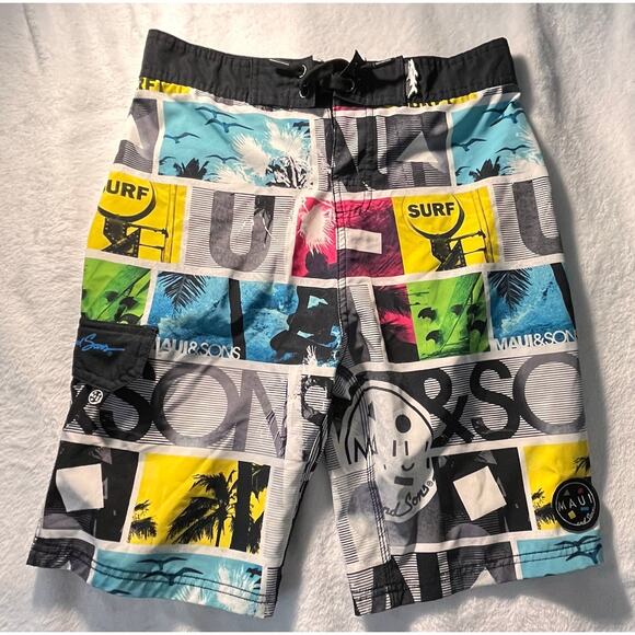 Vtg Maui and Sons 4-Way Stretch Shark Board Shorts Sz LG Y2K Surf Skater Trunks - Picture 1 of 12